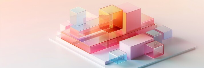 Obraz premium Abstract Futuristic 3D Render Minimalistic Style with Floating Geometric Shapes Isometric Design, Light Color Theme, Bright Background, and Soft Lighting