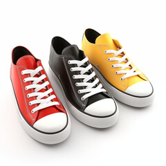 Three Pairs Of Vibrant Sneakers In Red, Black, And Yellow On White Background