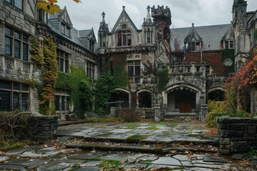 Obraz premium A sprawling Gothic mansion with intricate stonework and ivy-covered walls
