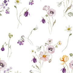 Seamless pattern with wildflowers in a watercolor style. Summer bouquet