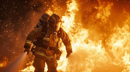 Heroic firefighter saves the day by extinguishing a blazing inferno in full gear