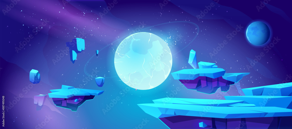 Poster outer space game background with alien planet surface and platform for jump on dark night starry sky