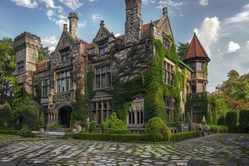 Obraz premium A sprawling Gothic mansion with intricate stonework and ivy-covered walls