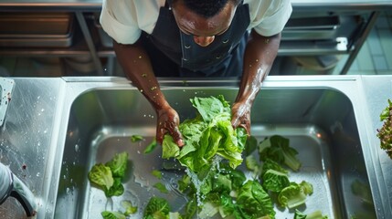 High angle of African American male chef washing fresh green iceberg salad with water in metal sink in kitchen