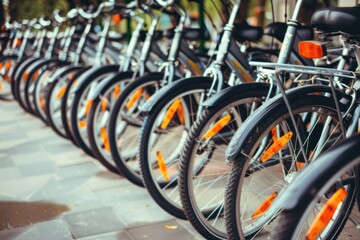 a row of bicycles parked neatly at a bike rental station, with close-ups of their wheels