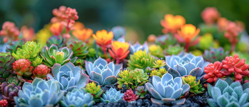 Colorful garden of flowers and plants, cacti and succulents, vibrant atmosphere