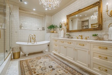 Fototapeta premium Elegant Bathroom A luxurious bathroom with a freestanding tub, marble tiles, and a crystal chandelier. Add a double vanity with gold fixtures and a large mirror. 