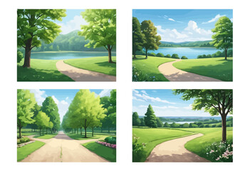 Fototapeta premium Peaceful Park Scenery: A Serene Pathway Through a Lush Green Landscape