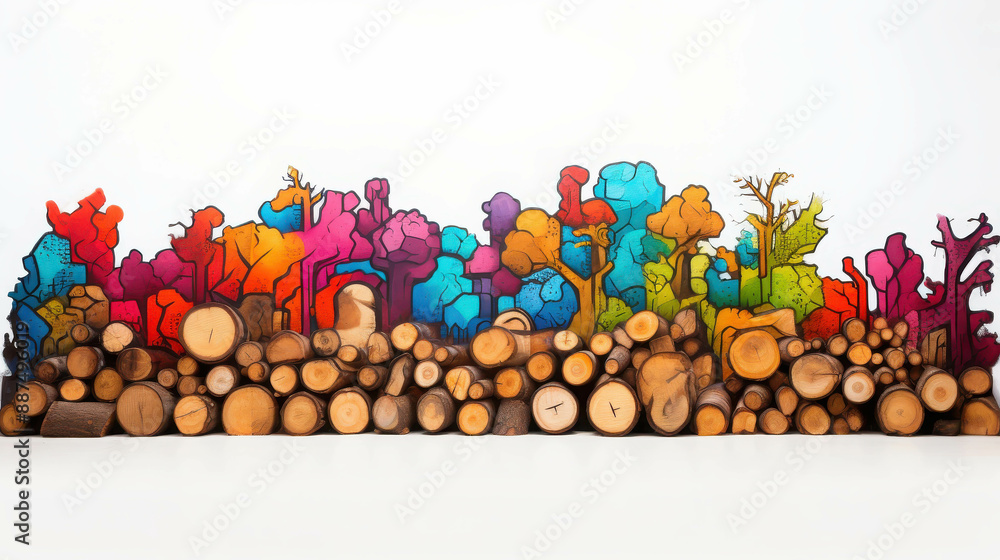 Poster vibrant abstract art installation showcasing colorful tree stumps and a background of painted trees 