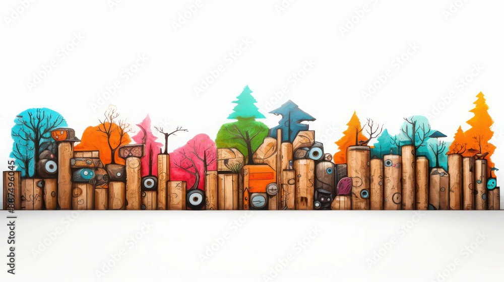 Poster vibrant abstract art installation showcasing colorful tree stumps and a background of painted trees 