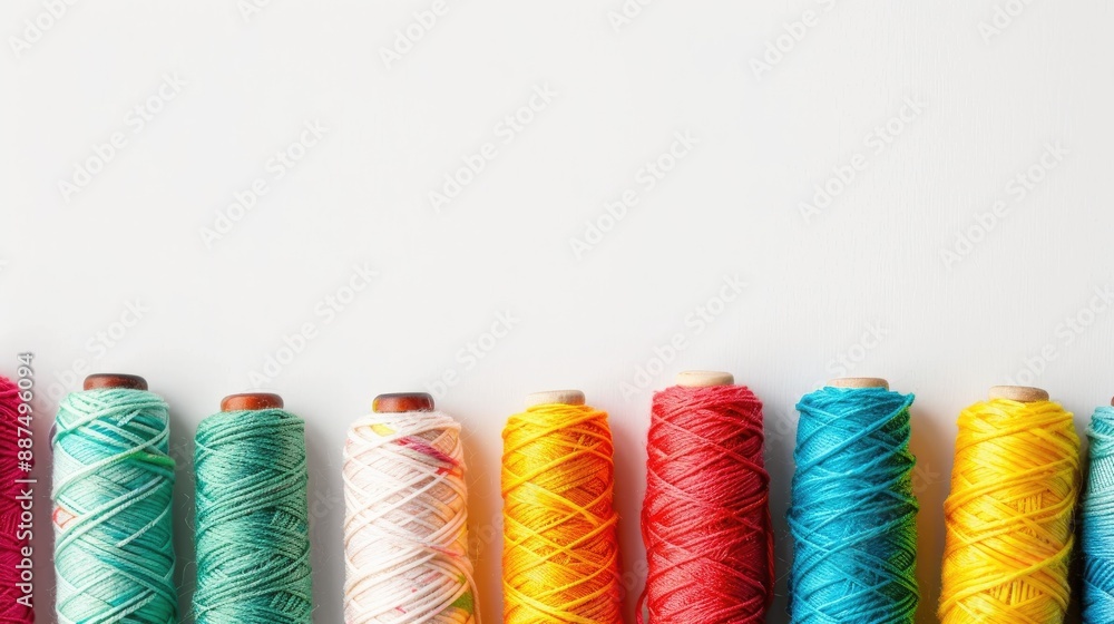 Poster multicolored sewing threads on white background array of colorful cotton bobbins with space for text