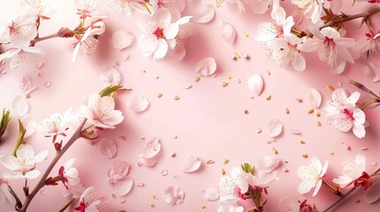 Fototapeta premium Cherry blossom spring layout with floral elements on a pastel pink background