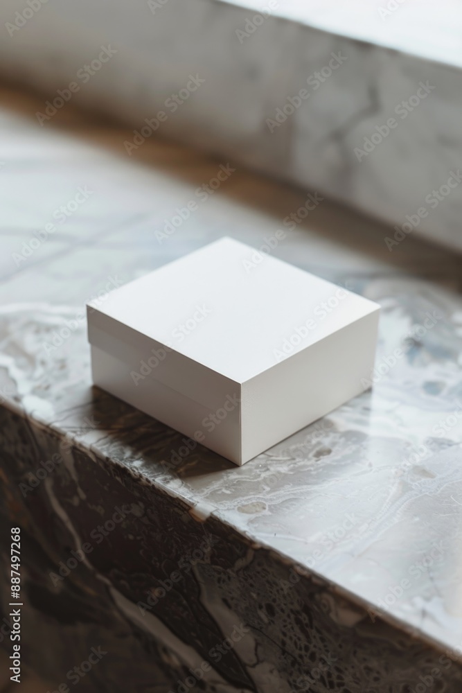 Poster a white box sits on top of a marble countertop, providing a clean and minimalist storage solution