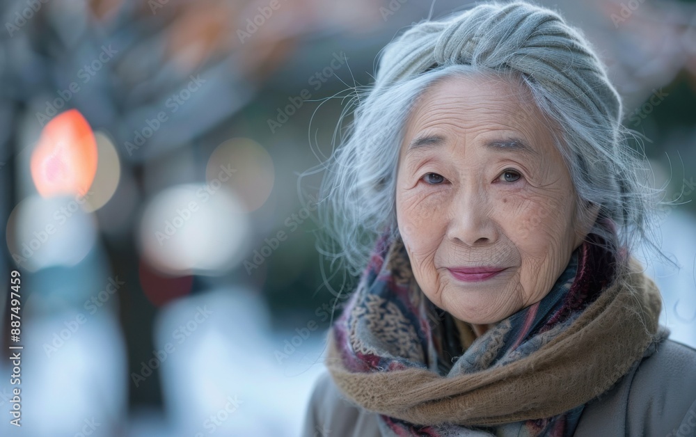 Wall mural A smiling elderly Asian woman stands outdoors in winter, wearing a warm scarf and a gray headband