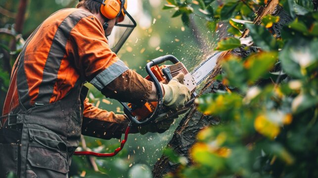 A close-up view of a professional arborist wearing safety gear and using a chainsaw to cut through a tree trunk during a summer day