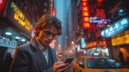 Fototapeta premium Young man in a gray coat looking at smartphone under neon lights on a rainy night in vibrant urban city street with yellow taxiurban night