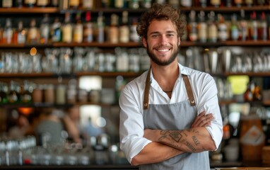 Fototapeta premium A man wearing a white shirt and a gray apron with leather straps stands in front of a bar with shelves of liquor bottles behind him. He smiles and looks at the camera with his arms crossed