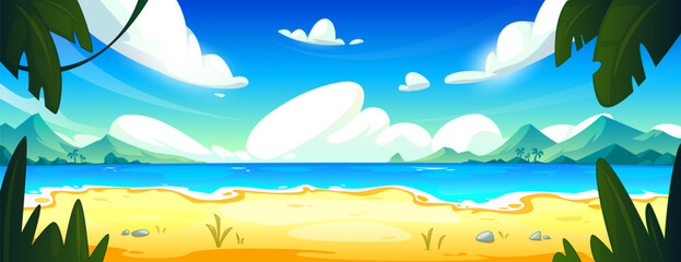 Tropical lagoon landscape with sandy beach and palm trees. Vector cartoon illustration of exotic summer island scenery, waves washing coast, mountains on horizon, clouds in blue sunny sky above water © klyaksun