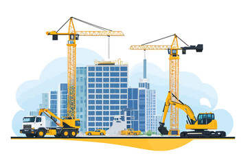 Construction Site with Cranes and Trucks in Front of Tall Buildings