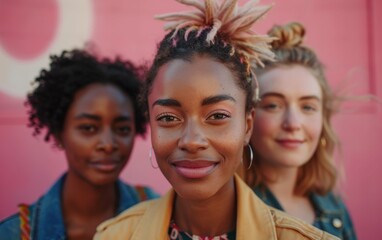 Obraz premium Three young women, one Black, one White, and one Latina, are smiling and looking at the camera in front of a pink wall