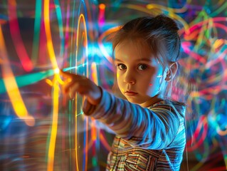 Little Girl Drawing Digital Neon Art on Wall