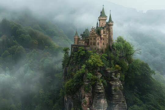An ancient castle perched on a cliffside, surrounded by misty forests