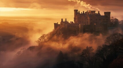 Majestic castle on a hilltop surrounded by mist during a vibrant sunset. The scene exudes mystery and ancient charm, perfect for historical themes.