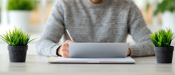 Researcher writing a draft on a laptop, Academic writing, Research design