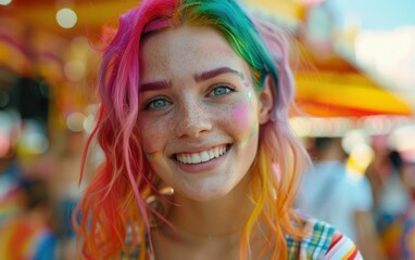 Fototapeta premium A smiling, teenage girl with rainbow hair stands in front of a blurred carnival background