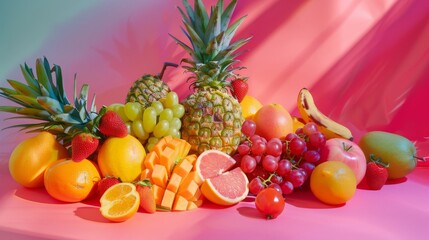 Fresh tropical fruits including pineapples, grapes, oranges, and more on a colorful background