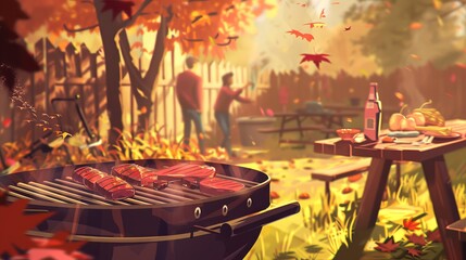 Obraz premium Autumn backyard barbecue with grill and sausages. Concept of fall picnic, outdoor cooking, seasonal gathering, family fun