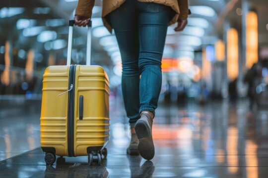 Close up traveler pulling suitcase on airport vacation concept