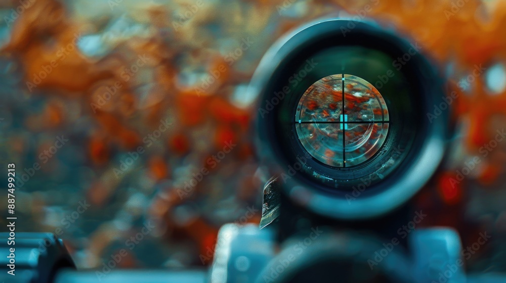 Poster A close-up view of a rifle scope with a tree visible in the background, great for use in outdoor or hunting-themed images