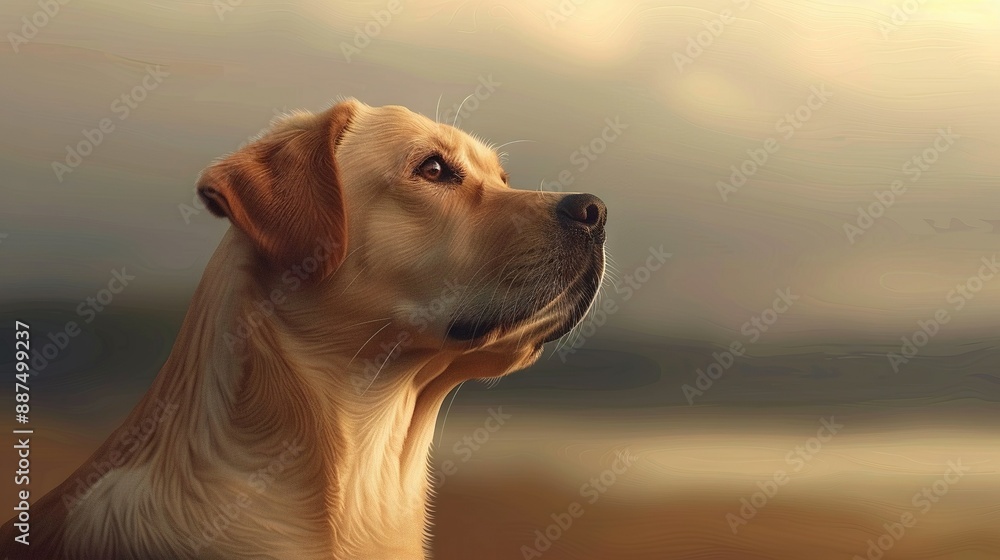 Wall mural   A close-up photo of a dog's face, with a blurred sky in the background and blurred sky in the foreground