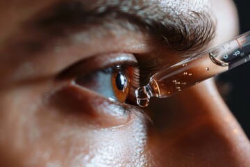 Naklejka premium Closeup of male eye and dropper with rejuvenating serum