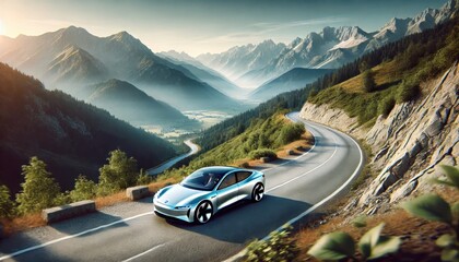 Naklejka premium Silver Electric Car Driving on Winding Mountain Road.