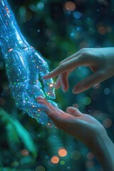 Human hand reaching out to futuristic robotic hand with glowing lights and bokeh background in a mystical forest setting capturing a sense of connection between technology and natureTechnology