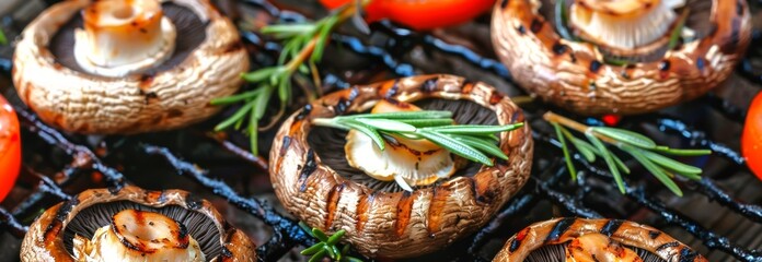 Fototapeta premium Grilled mushrooms with rosemary on barbecue grill. Concept of vegetarian food, cooking, herbs, summer grilling