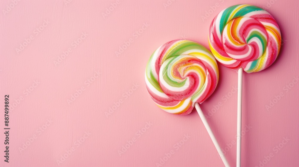 Poster two colorful lollipops on pink backdrop with empty space on the side