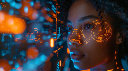 In a high-tech control room, an African American female IT expert evaluates AI cyber security threats on a holographic display. The vibrant blue and orange colors emphasize the advanced technology.