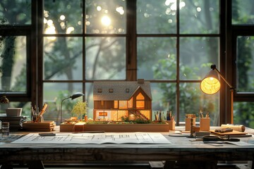 Architectural Model of Cozy Modern House on Wooden Desk with Drafting Tools and Lamp Near Large Window Overlooking Forest at Sunsetarchitecture