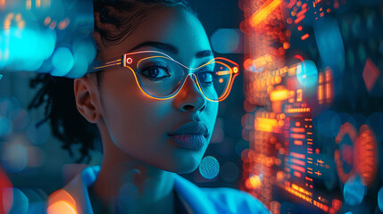 In a high-tech control room, an African American female IT expert evaluates AI cyber security threats on a holographic display. The vibrant blue and orange colors emphasize the advanced technology.