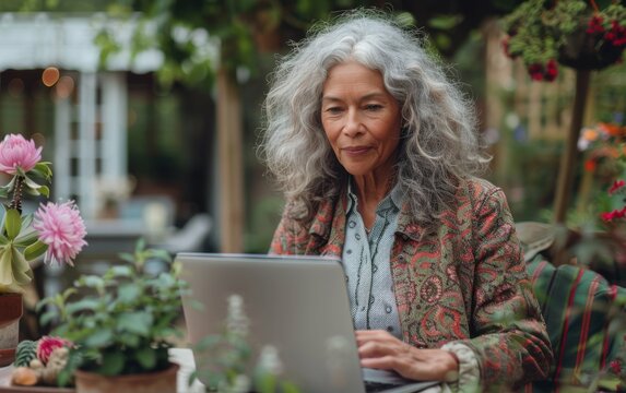 A happy senior mixed race woman with grey hair works on her laptop while sitting at a table in a lush green garden - Powered by Adobe