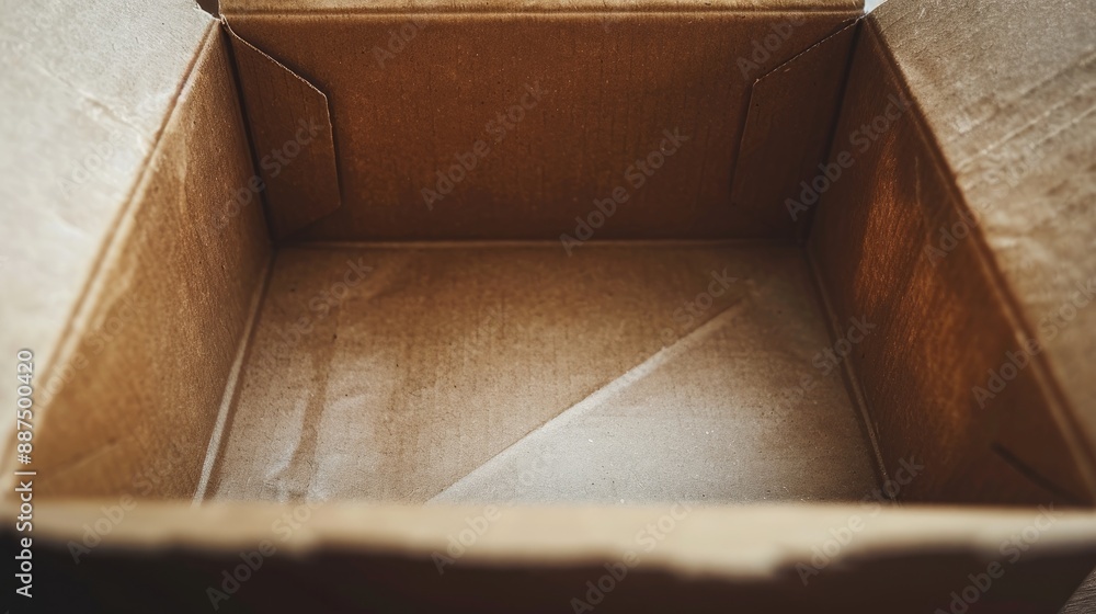 Poster macro view of an empty opened brown vintage paper box with soft focus and copy space