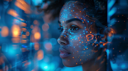 In a high-tech control room, an African American female IT expert evaluates AI cyber security threats on a holographic display. The vibrant blue and orange colors emphasize the advanced technology.
