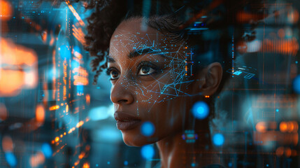 In a high-tech control room, an African American female IT expert evaluates AI cyber security threats on a holographic display. The vibrant blue and orange colors emphasize the advanced technology.