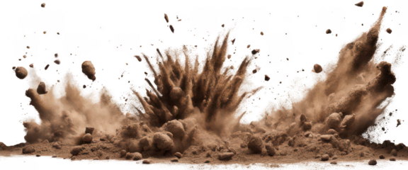 Explosive soil dirt eruption with debris flying in mid air isolate on transparent background, cutout, png
