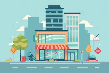 Obraz premium Flat marketing creative of 1 small store and next to it 1 tall enterprise building
