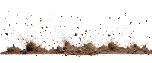 Explosive soil dirt eruption with debris flying on a transparent background