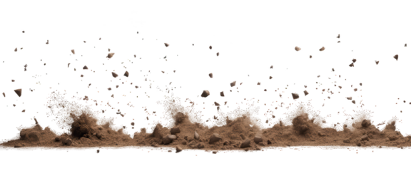 Explosive soil dirt eruption with debris flying on a transparent background